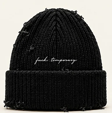 Distressed black beanie, back, with script embroidery