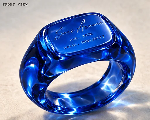 Balloon Ring in sapphire translucent resin engraved Sans Armure, est. 2026, relic 0001/0117