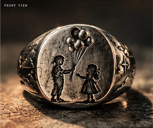 Balloon Ring in antique polished sterling silver, engraved with a boy handing balloons to a girl
