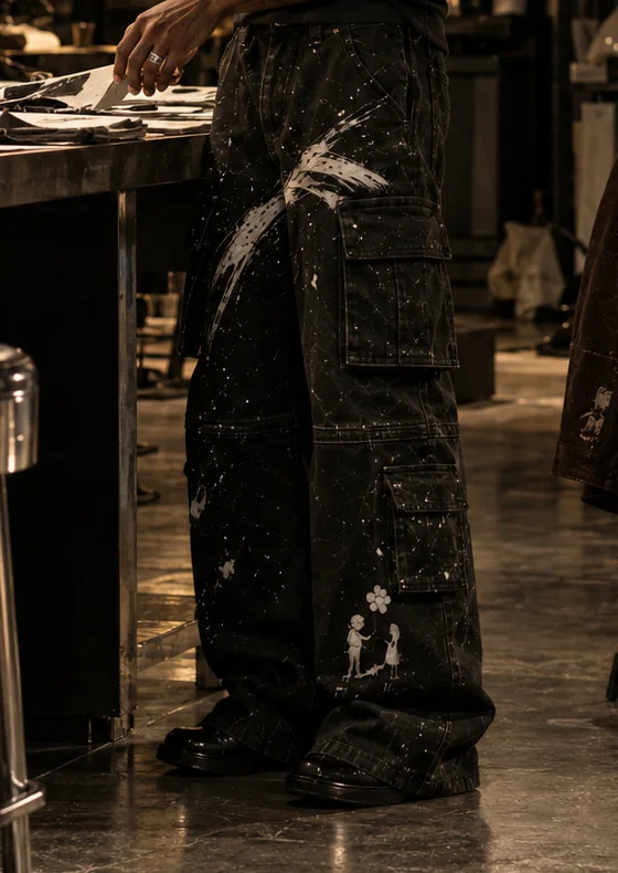 Terrain Cargo trousers worn in the studio, seen from the waist down: wide black canvas with white paint strokes, cargo pockets, and the boy and the girl painted at the hem