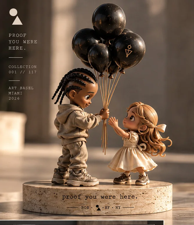 Collectible figure: a boy handing balloons to a girl on a stone base