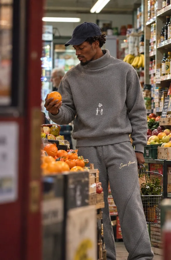 The wool sweat suit in grey: a high-neck sweatshirt with the boy and girl mark and matching trousers, worn in a market