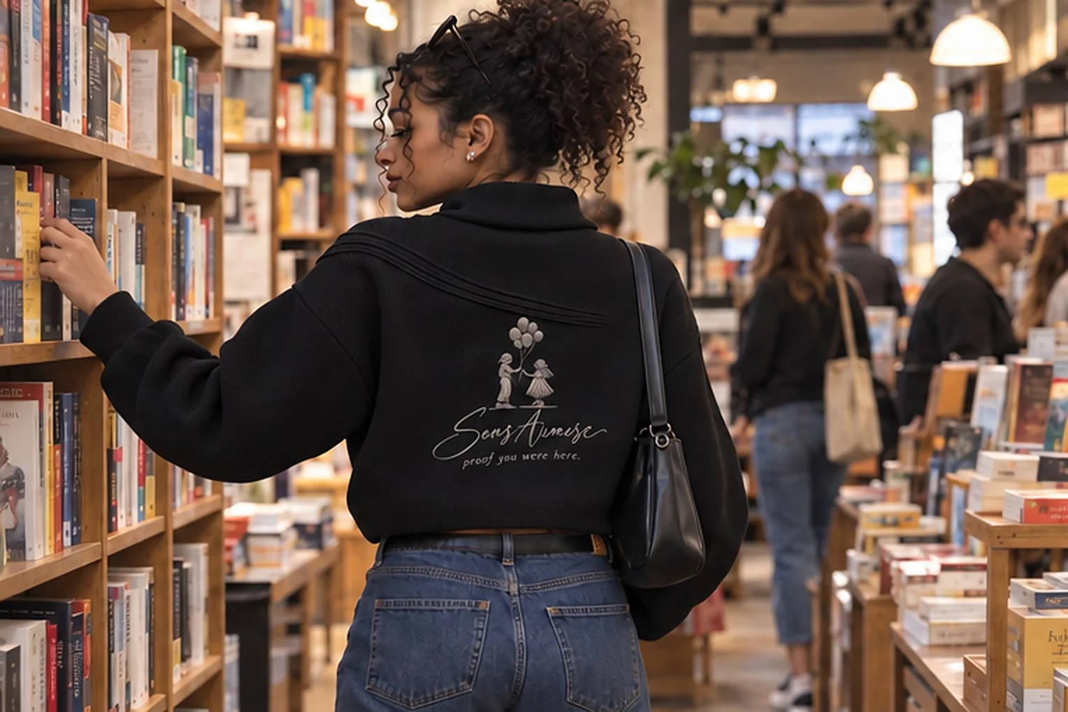 The back of the Knitted sweater: a boy and girl with balloons stitched above the Sans Armure signature