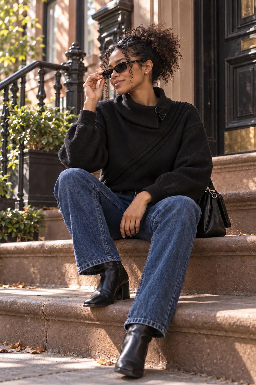 A model seated on brownstone steps in the black Knitted sweater with a cowl neck, worn with blue jeans and black boots
