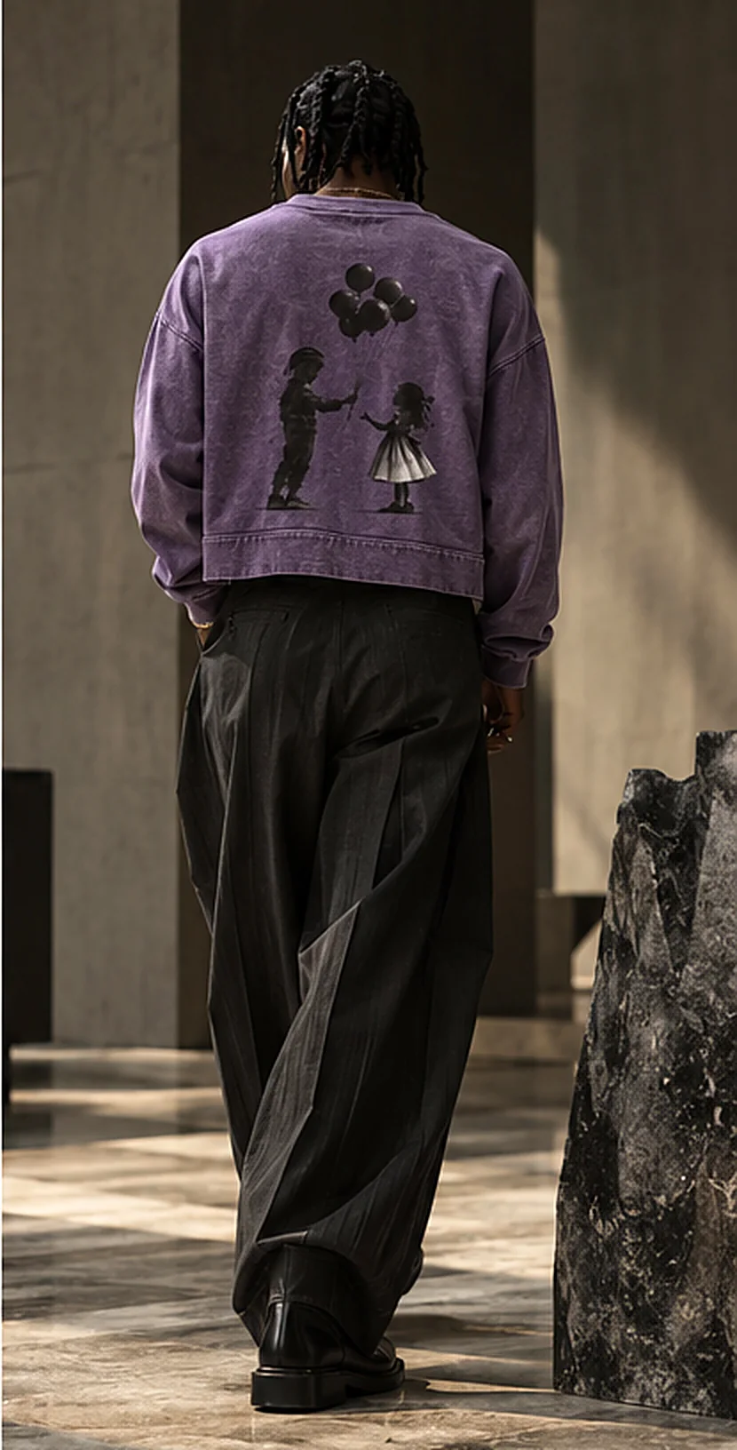 A model walking away in Here to Stay in violet, the boy handing balloons to the girl printed on the back