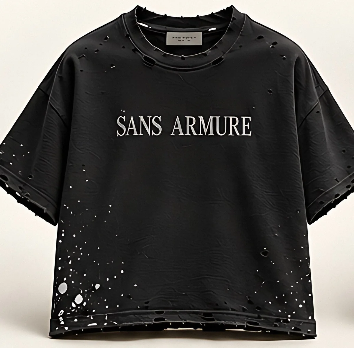Black distressed tee, front
