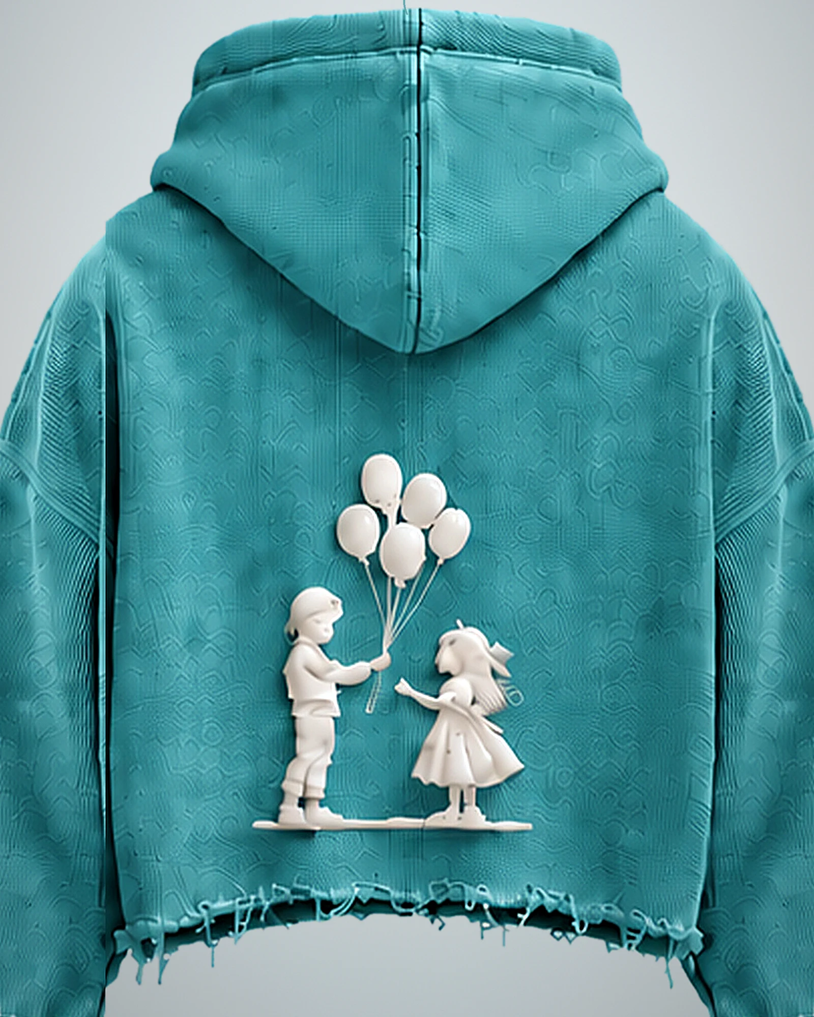 The back of the Unfinished hoodie in teal: the boy handing the girl balloons, raised in white