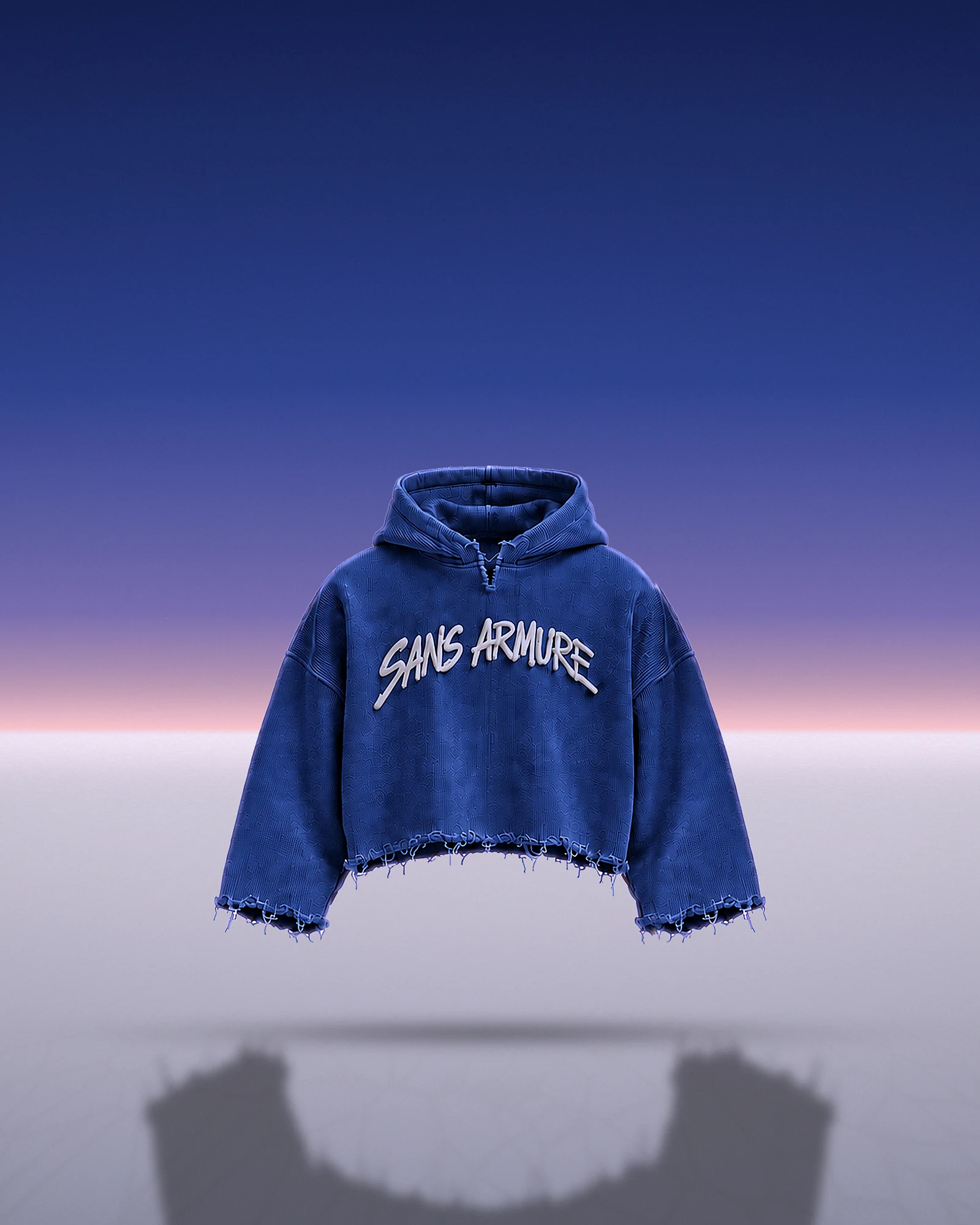 The Unfinished hoodie in cobalt, floating above a lavender horizon