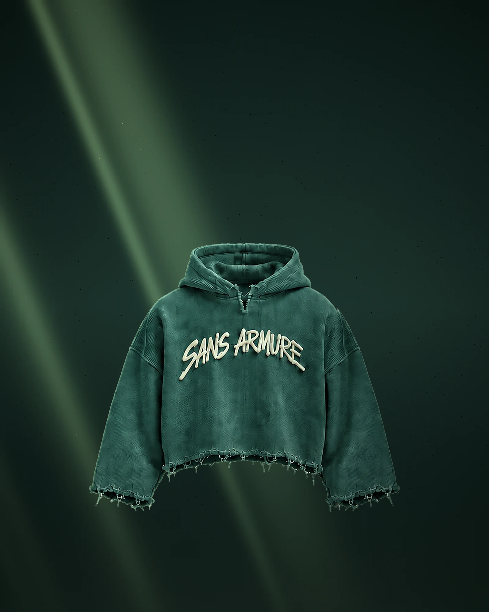 The Unfinished hoodie in forest green, under shafts of green light