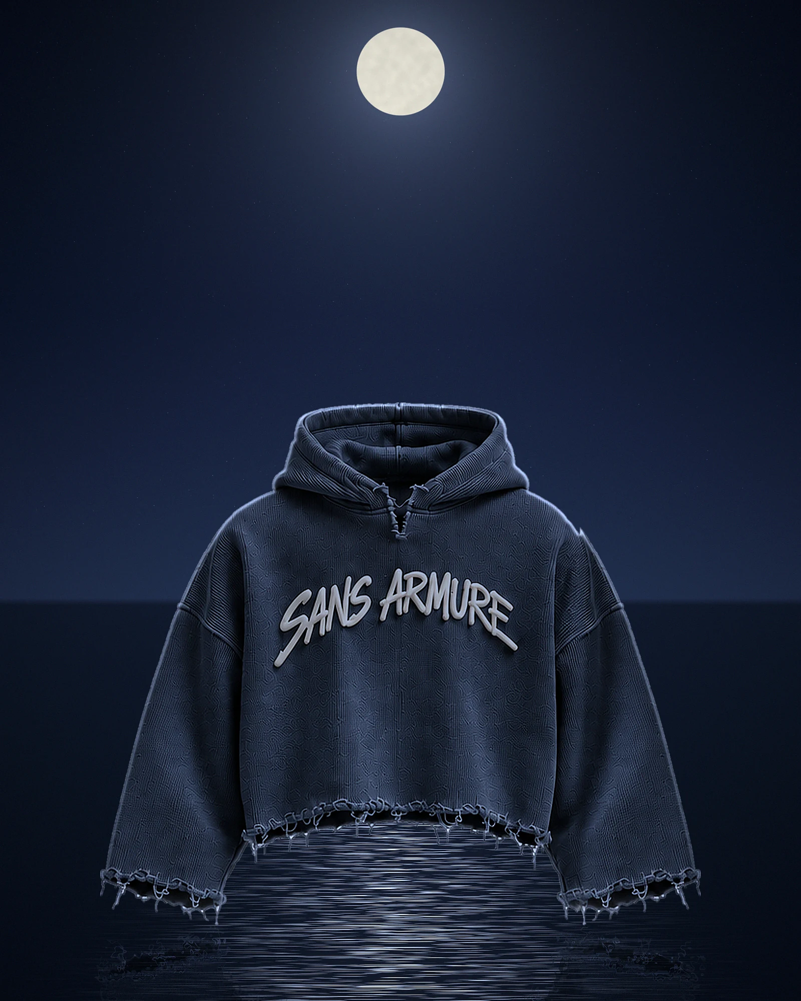 The Unfinished hoodie in midnight, over moonlit water