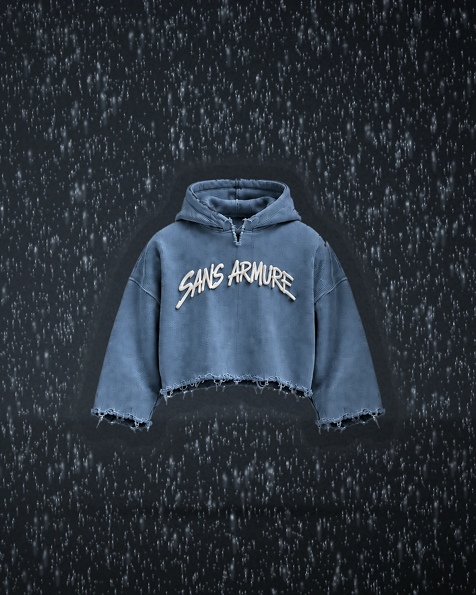 The Unfinished hoodie in slate, in falling rain