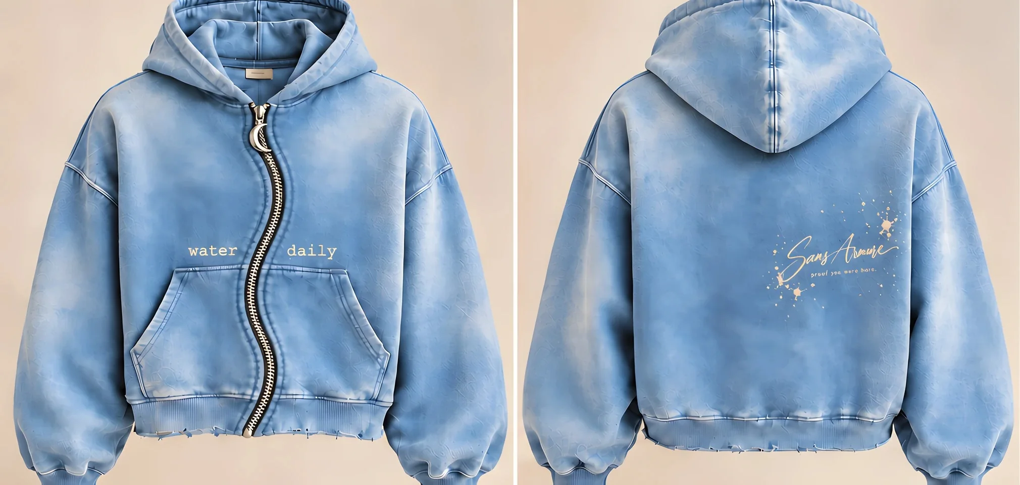 The Water Daily zip hoodie in washed sky blue, front and back: a wave-shaped zipper with a crescent moon pull, water daily at the chest, and the Sans Armure signature on the back