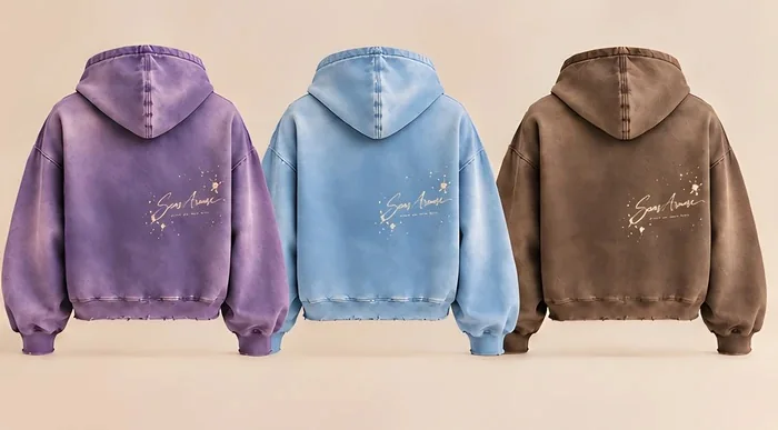 The hoodie from the back in violet, sky and earth