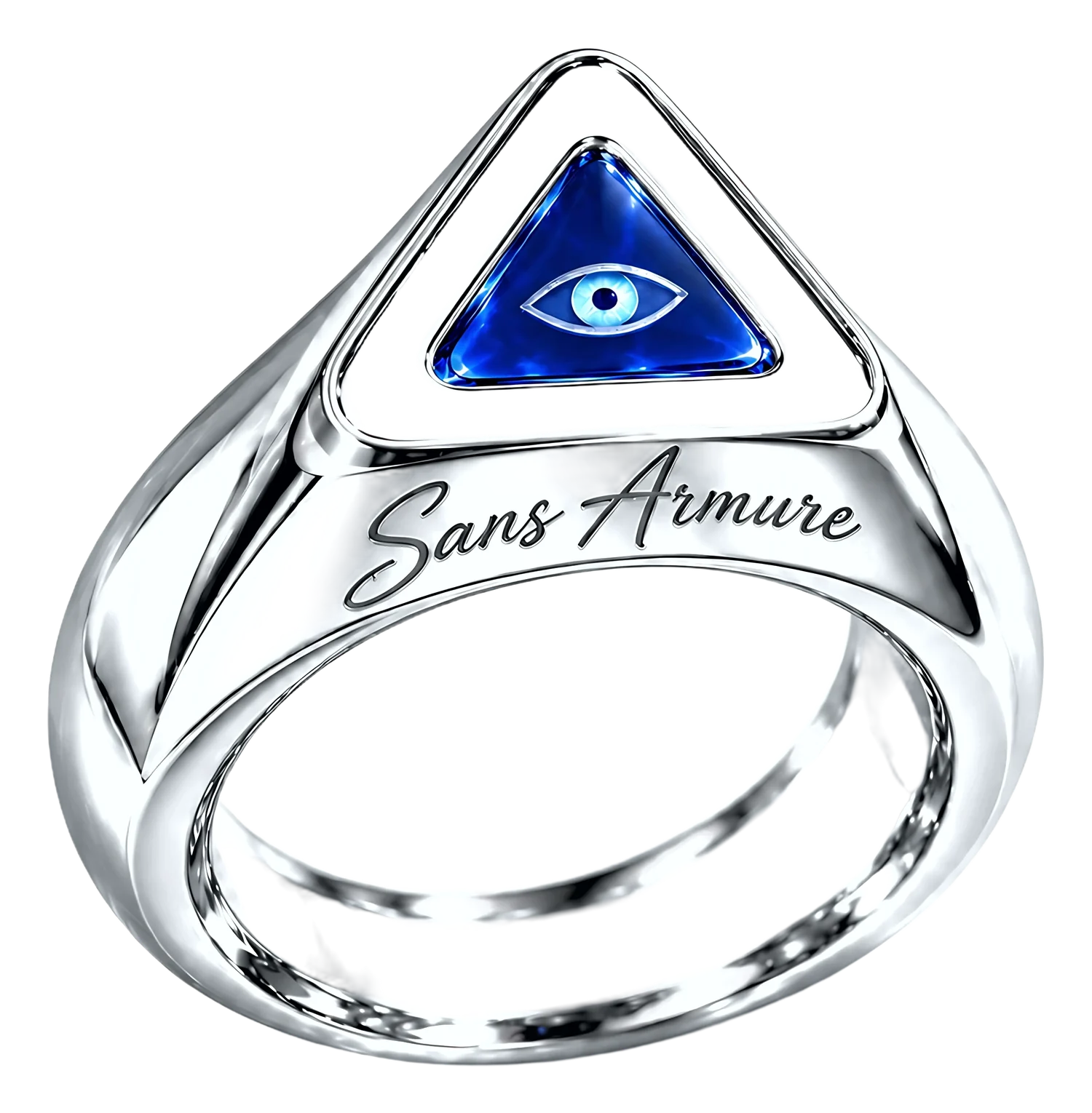 Seen: a heavy triangular signet ring with an eye behind a blue sapphire
